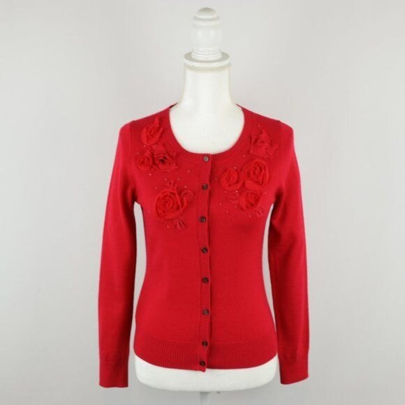 Banana Republic Women's Small Red Merino Wool Blend Embellished Cardigan - Picture 1 of 8